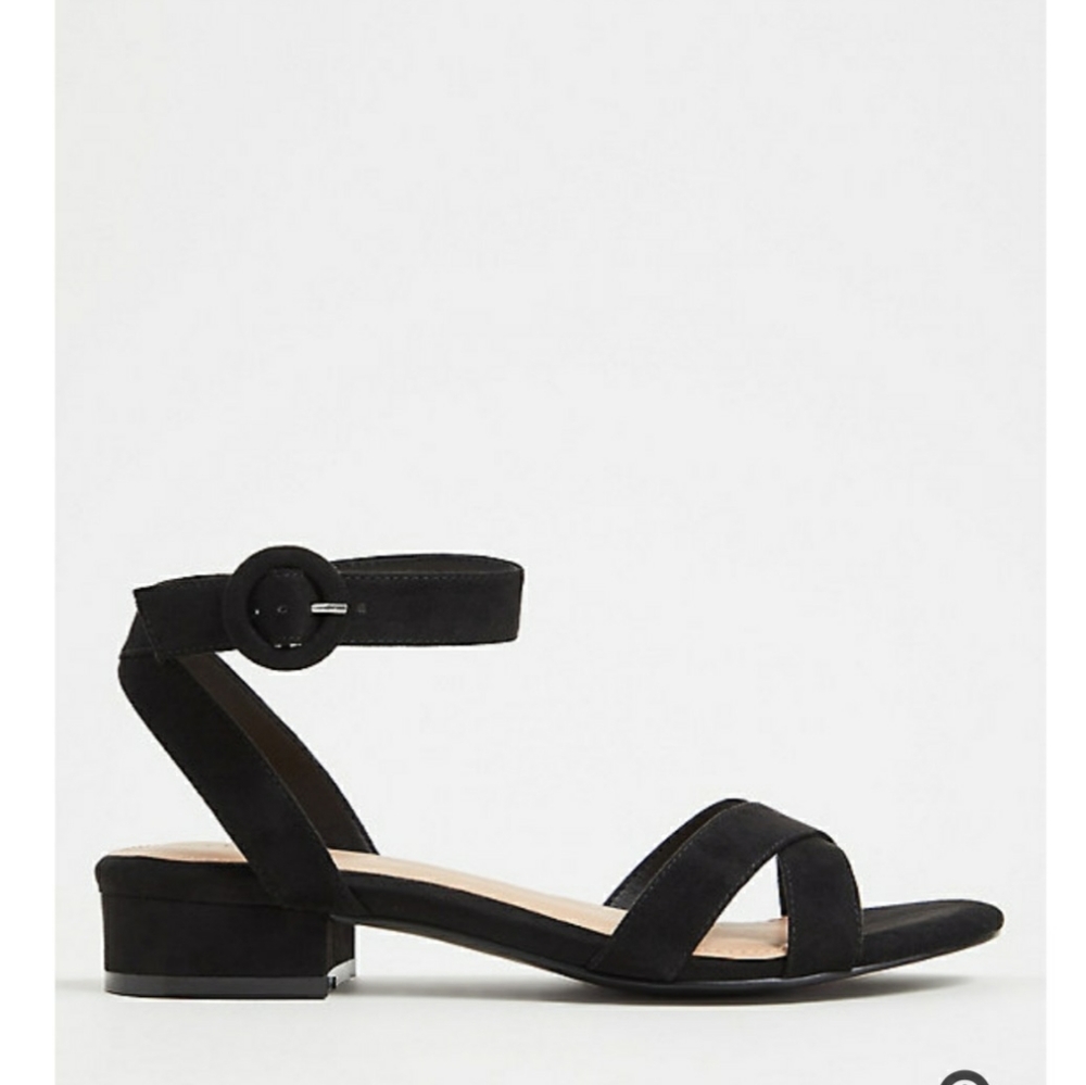 Black faux suede ankle strap low block heel